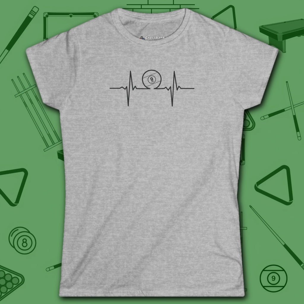 Heartbeat 9 Ball Women's Cut Tee, in Sport Grey color, billiards shirt, front view
