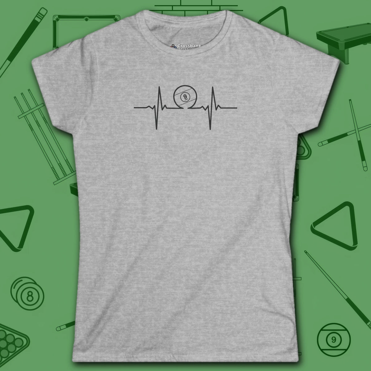 Heartbeat 9 Ball Women's Cut Tee, in Sport Grey color, billiards shirt, front view