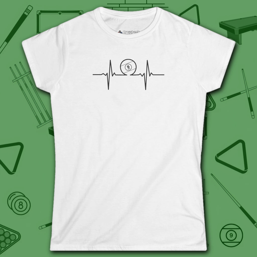 Heartbeat 9 Ball Women's Cut Tee, in White color, billiards shirt, front view