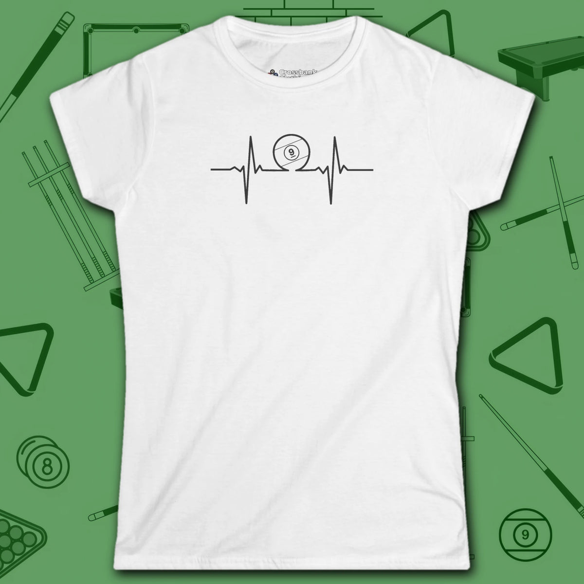 Heartbeat 9 Ball Women's Cut Tee, in White color, billiards shirt, front view