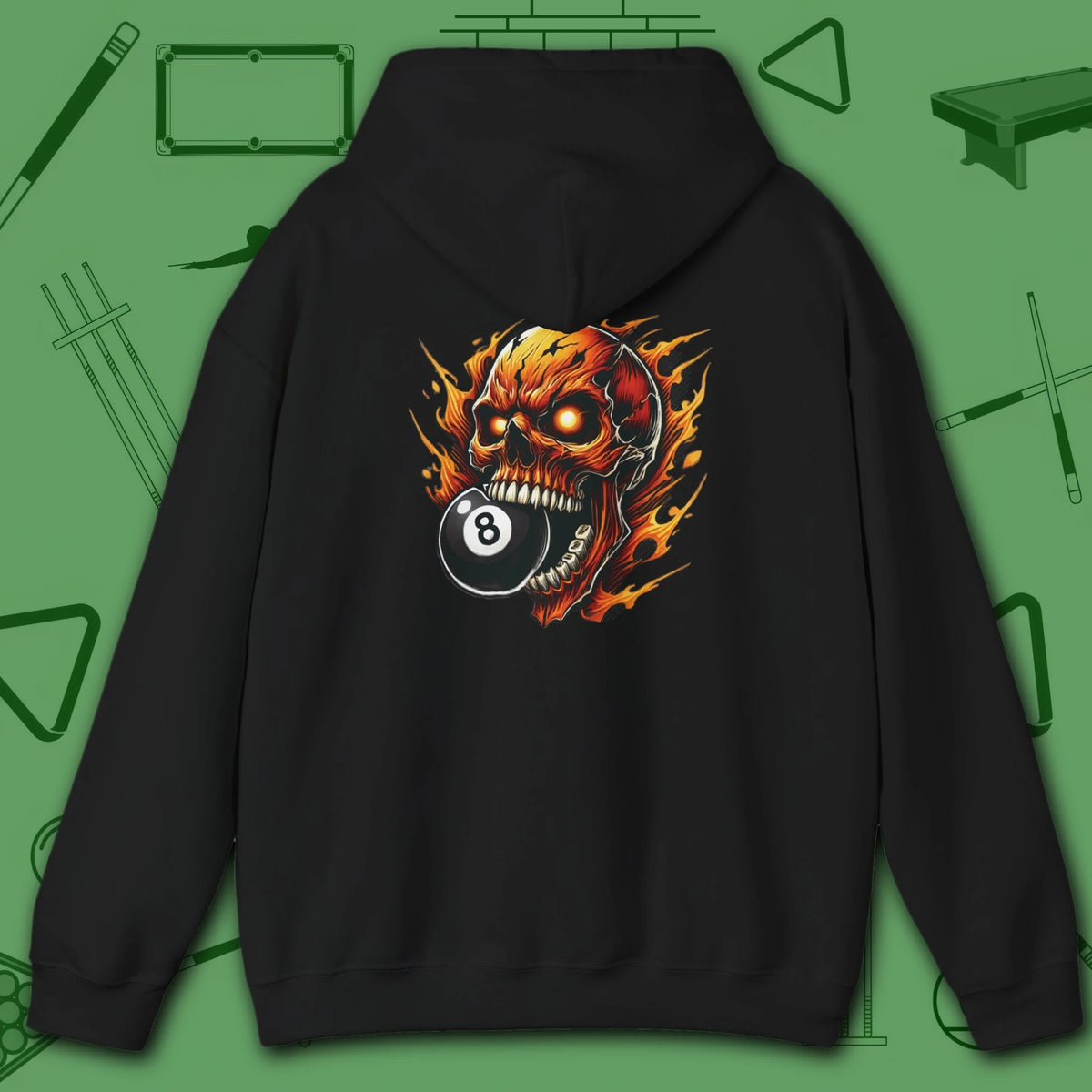 Hellfire Eight Ball Hoodie, in Black color, billiards hoodie, back view