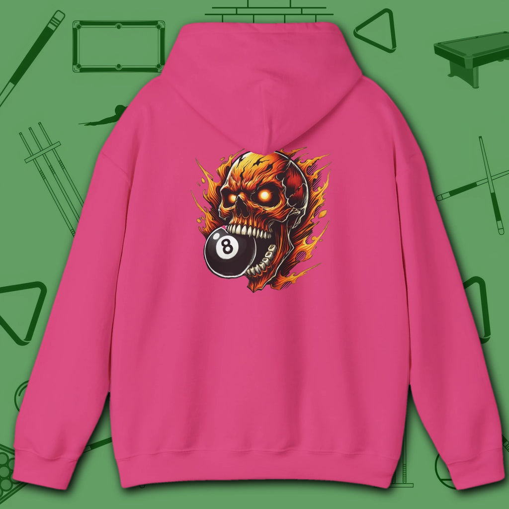 Hellfire Eight Ball Hoodie, in Heliconia color, billiards hoodie, back view