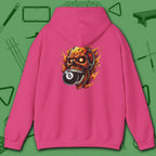 Hellfire Eight Ball Hoodie, in Heliconia color, billiards hoodie, back view