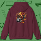 Hellfire Eight Ball Hoodie, in Maroon color, billiards hoodie, back view