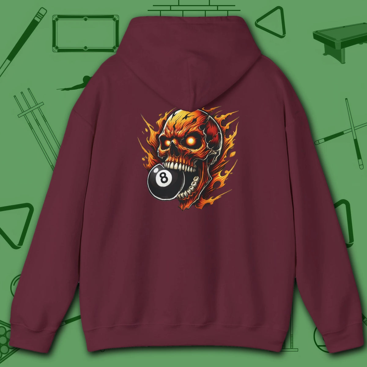 Hellfire Eight Ball Hoodie, in Maroon color, billiards hoodie, back view
