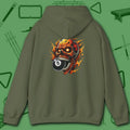 Hellfire Eight Ball Hoodie, in Military Green color, billiards hoodie, back view