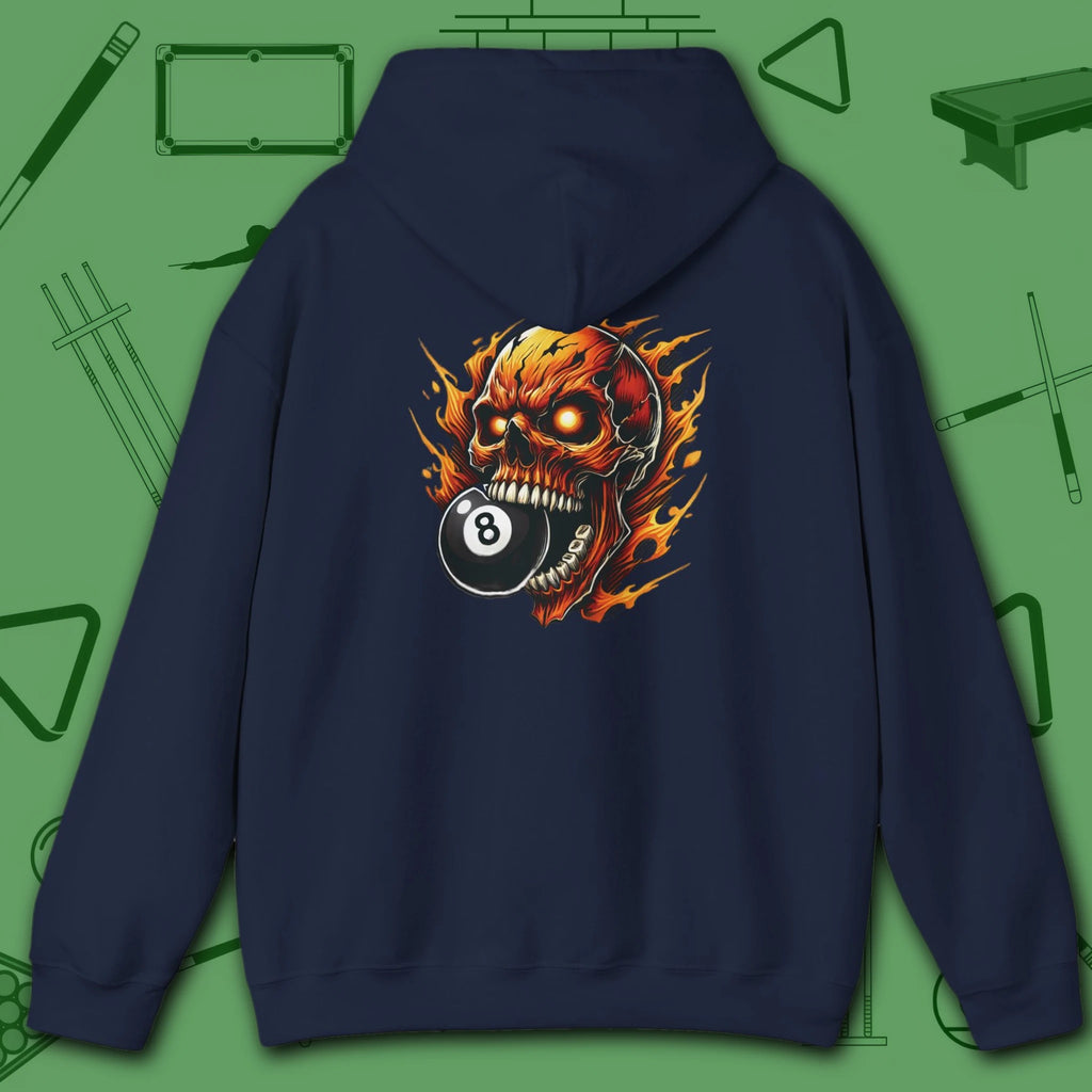 Hellfire Eight Ball Hoodie, in Navy color, billiards hoodie, back view