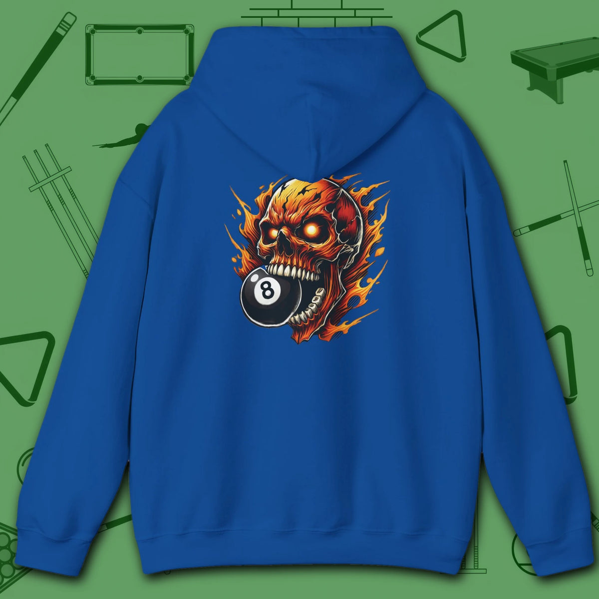 Hellfire Eight Ball Hoodie, in Royal color, billiards hoodie, back view