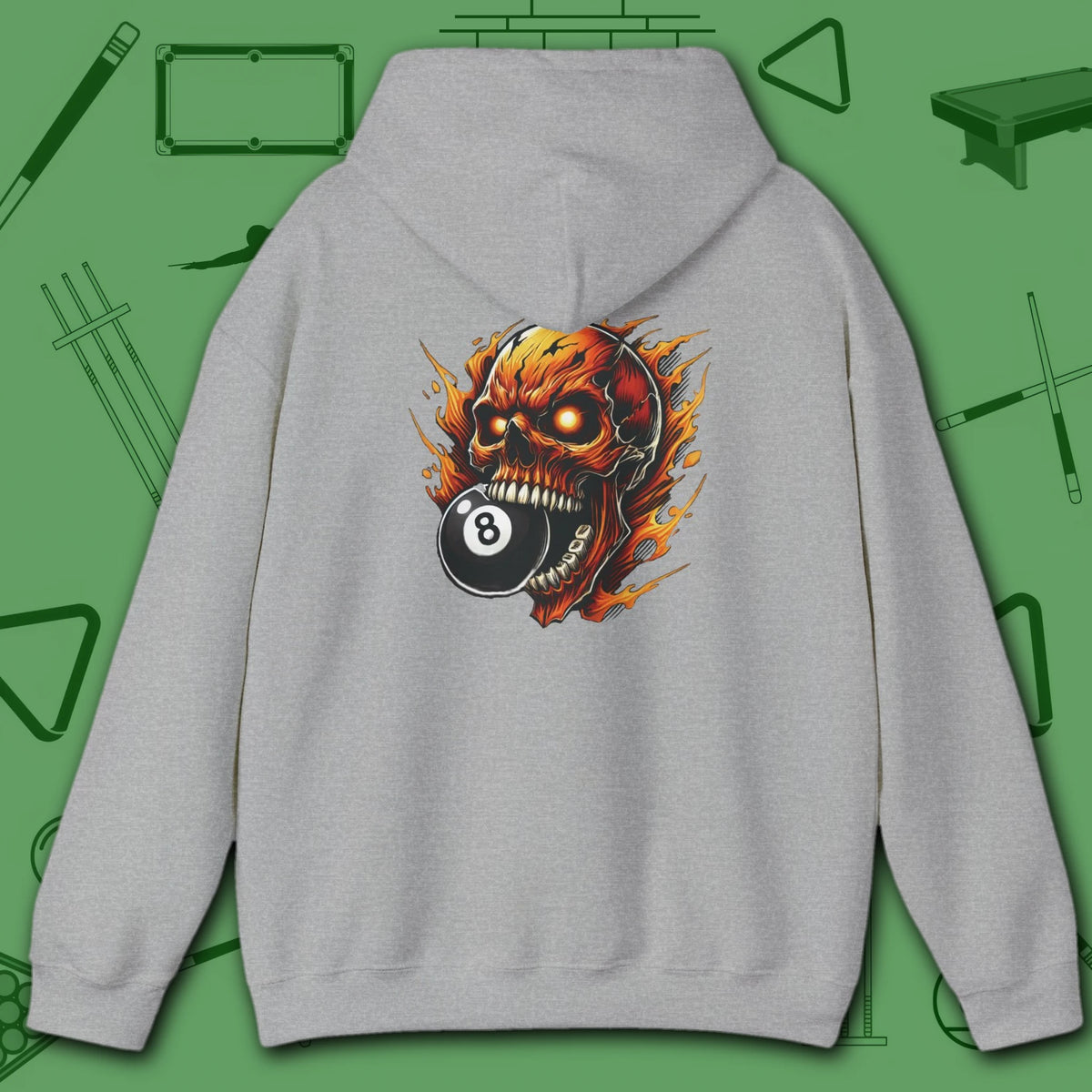 Hellfire Eight Ball Hoodie, in Sport Grey color, billiards hoodie, back view