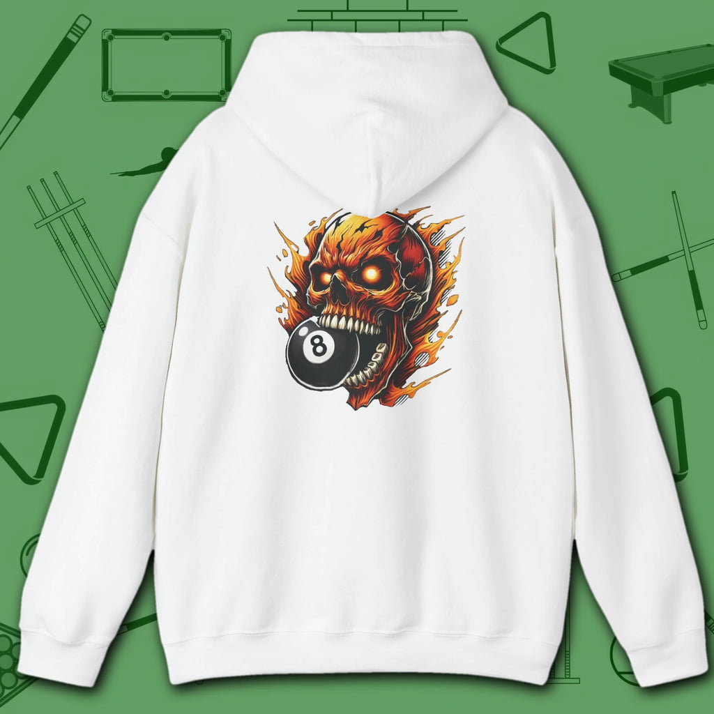 Hellfire Eight Ball Hoodie, in White color, billiards hoodie, back view
