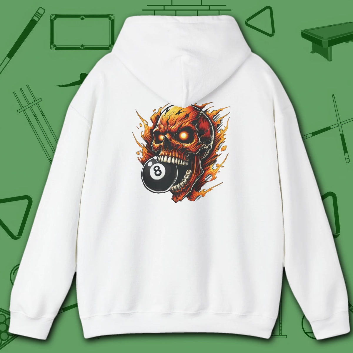 Hellfire Eight Ball Hoodie, in White color, billiards hoodie, back view