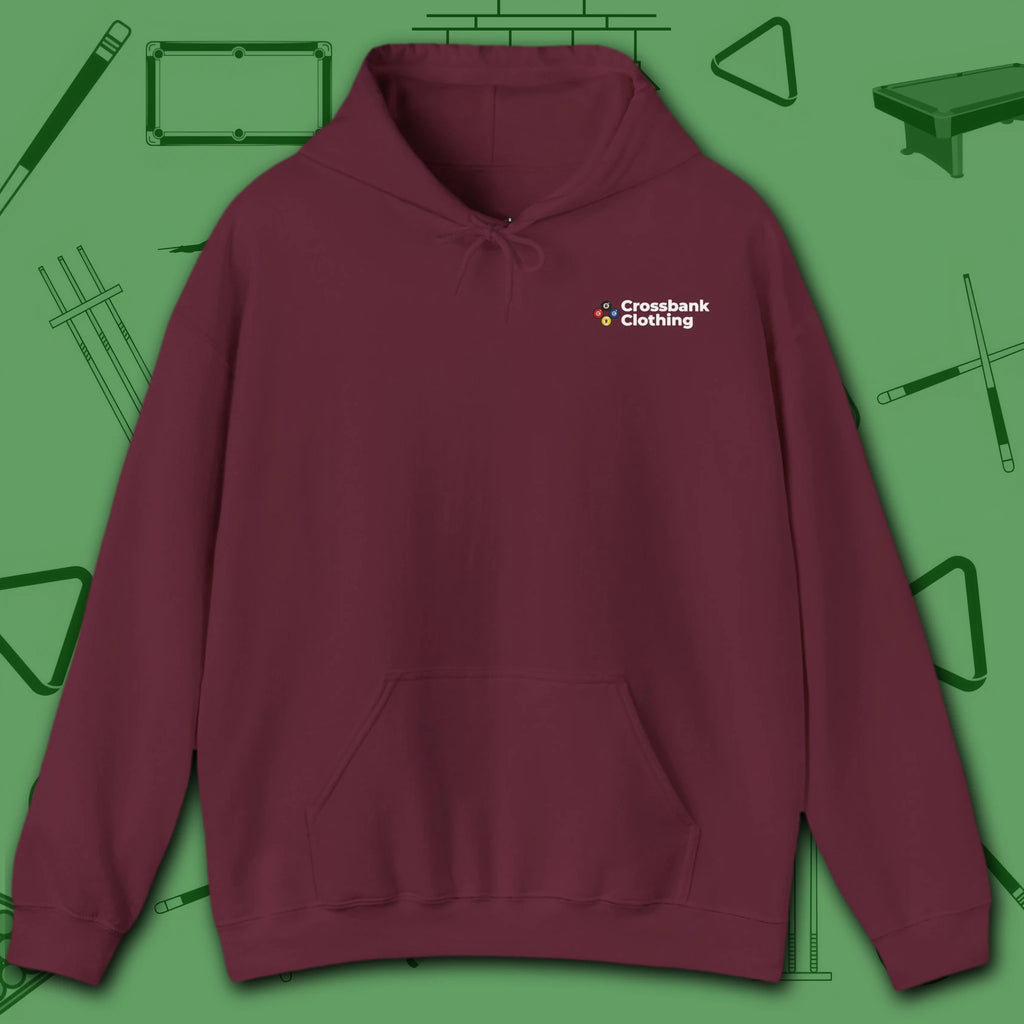 Hellfire Eight Ball Hoodie, in Maroon color, billiards hoodie, front view