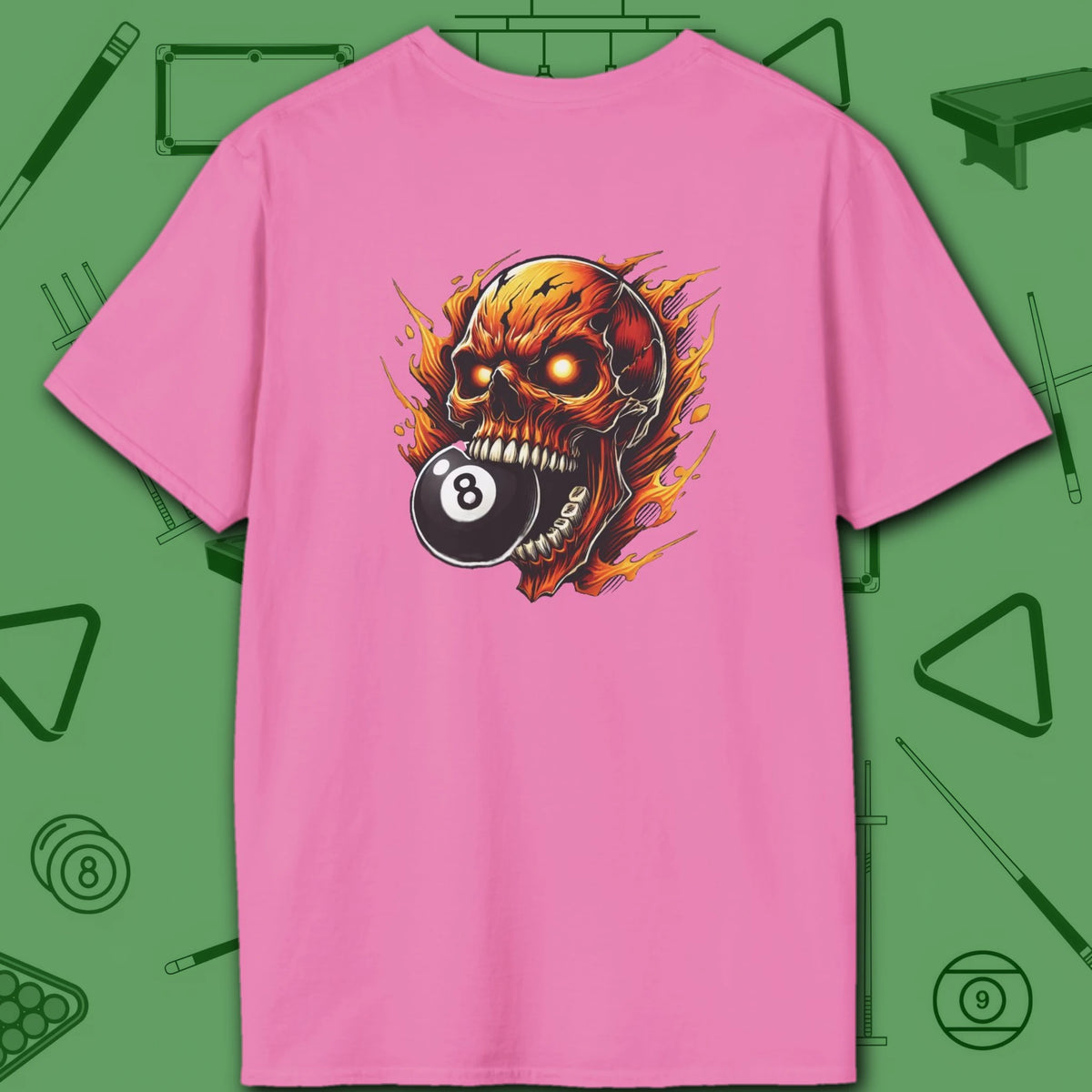 Hellfire Eight Ball T-Shirt, in Azalea color, billiards shirt, back view