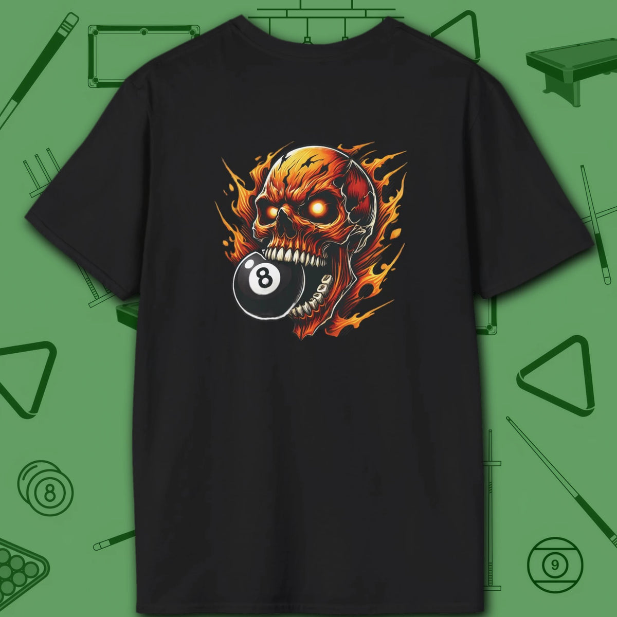 Hellfire Eight Ball T-Shirt, in Black color, billiards shirt, back view