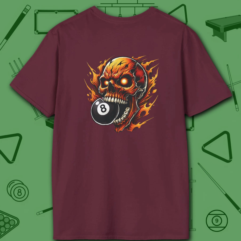 Hellfire Eight Ball T-Shirt, in Maroon color, billiards shirt, back view