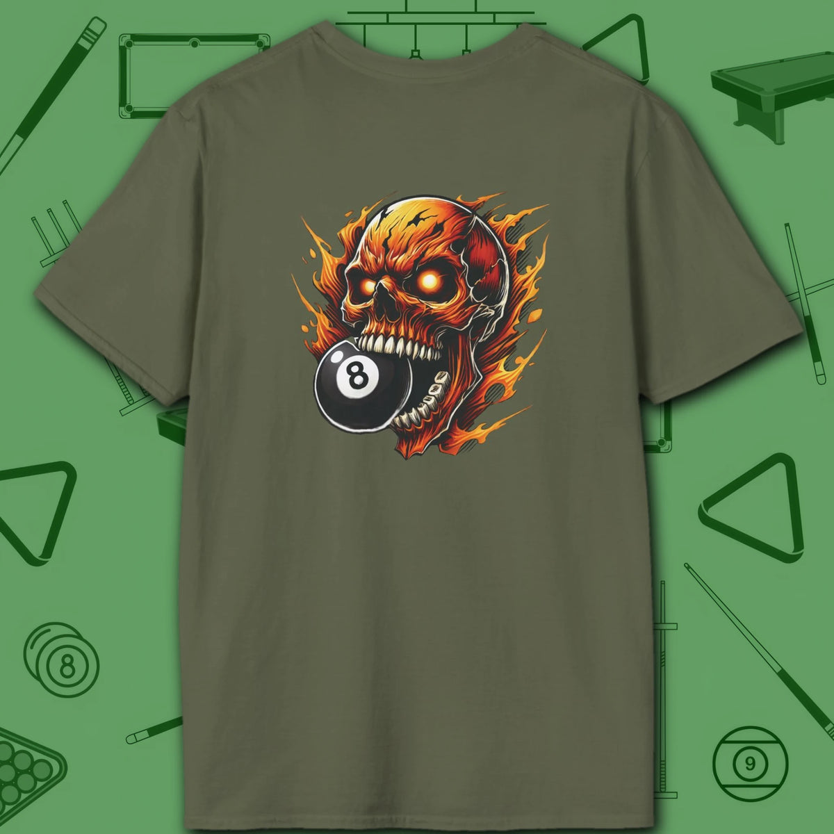 Hellfire Eight Ball T-Shirt, in Military Green color, billiards shirt, back view