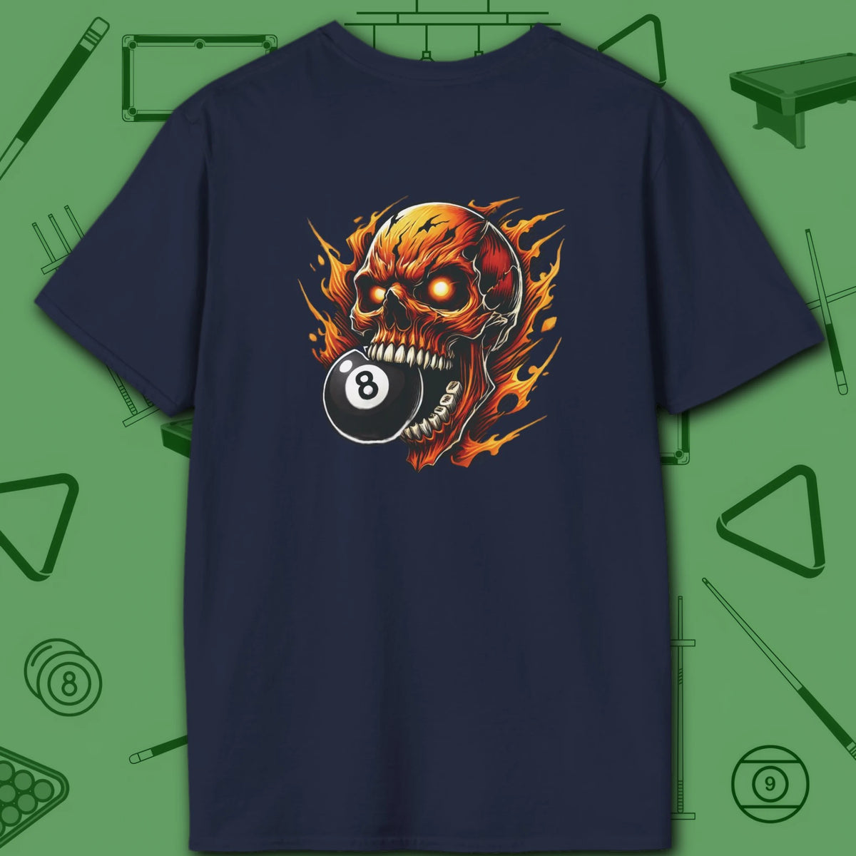 Hellfire Eight Ball T-Shirt, in Navy color, billiards shirt, back view