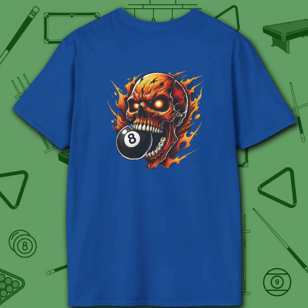 Hellfire Eight Ball T-Shirt, in Royal color, billiards shirt, back view
