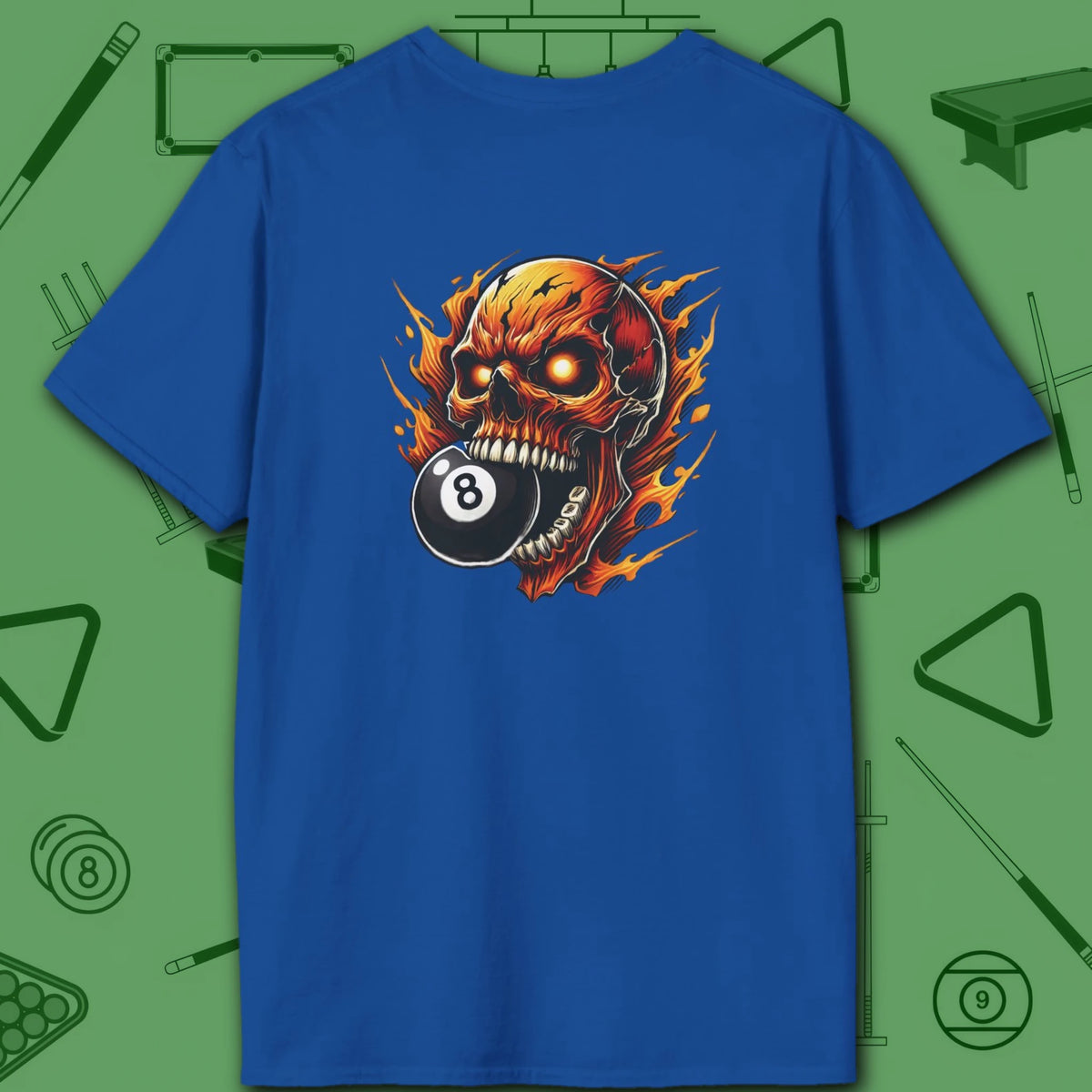Hellfire Eight Ball T-Shirt, in Royal color, billiards shirt, back view