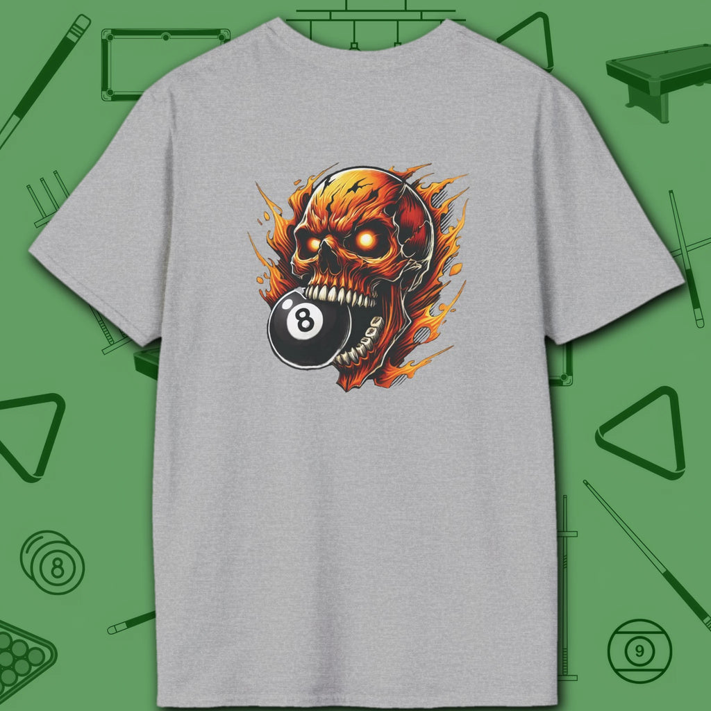 Hellfire Eight Ball T-Shirt, in Sport Grey color, billiards shirt, back view