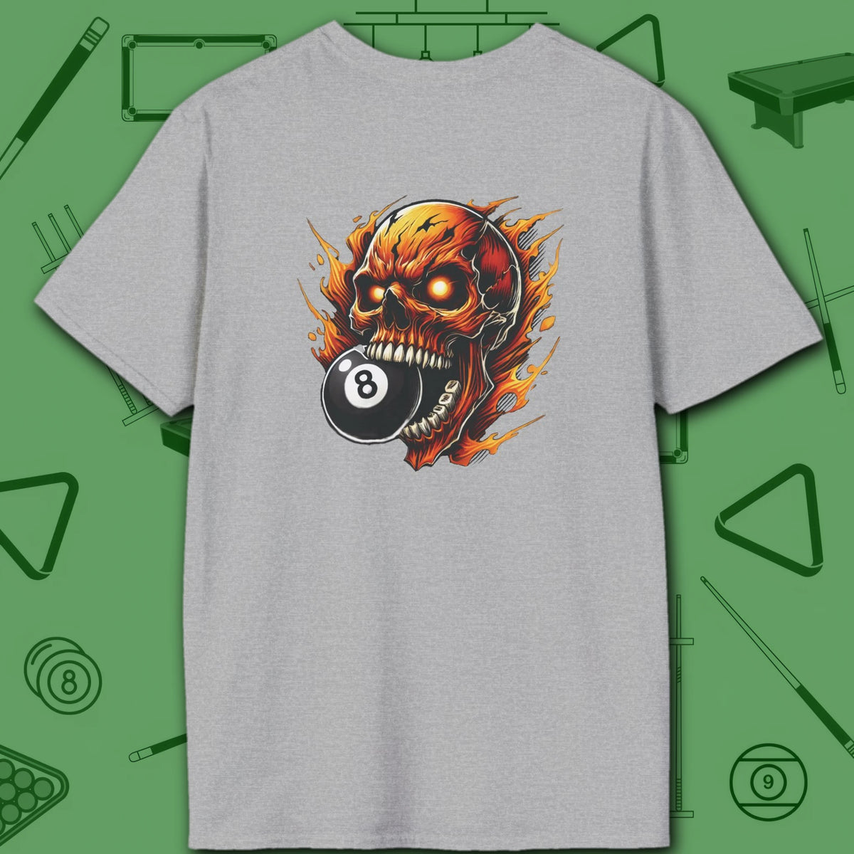 Hellfire Eight Ball T-Shirt, in Sport Grey color, billiards shirt, back view