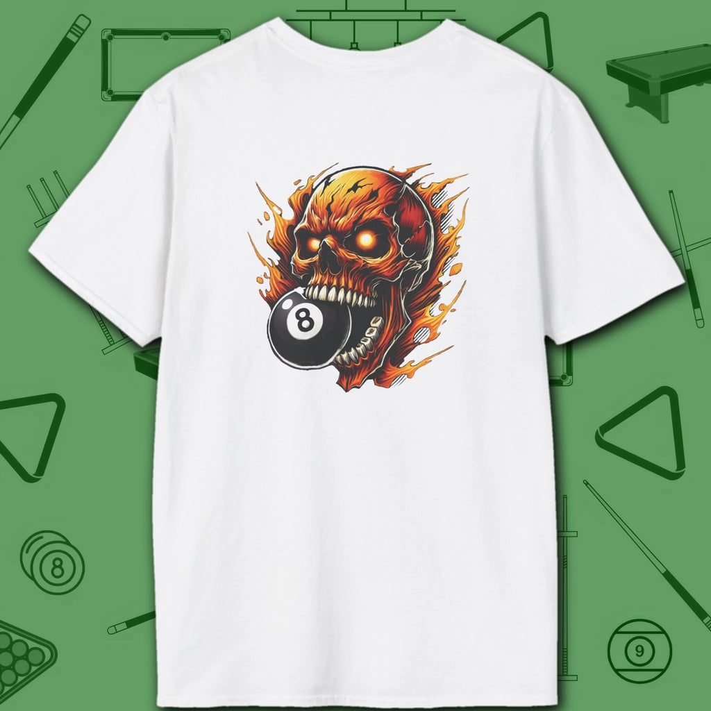 Hellfire Eight Ball T-Shirt, in White color, billiards shirt, back view