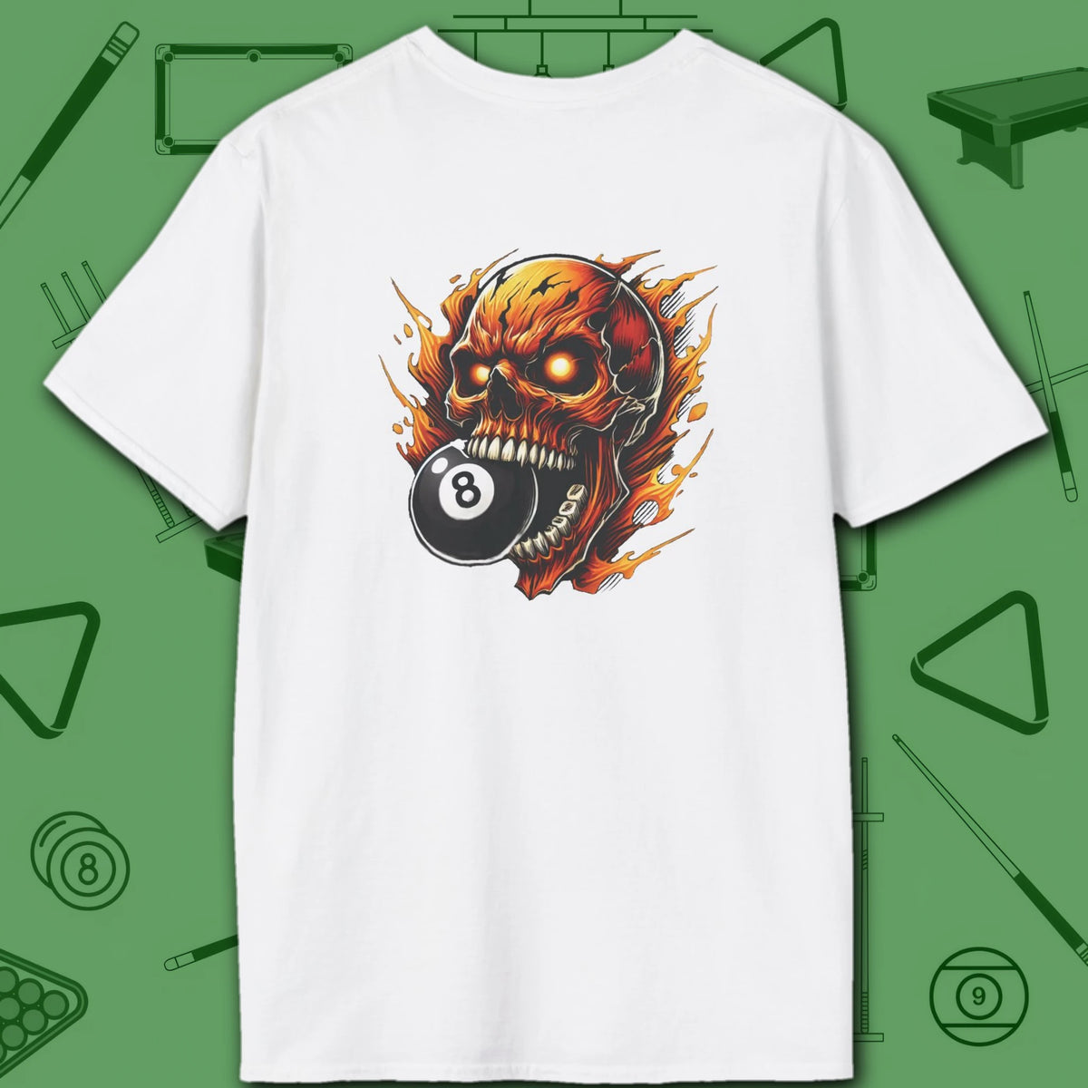 Hellfire Eight Ball T-Shirt, in White color, billiards shirt, back view