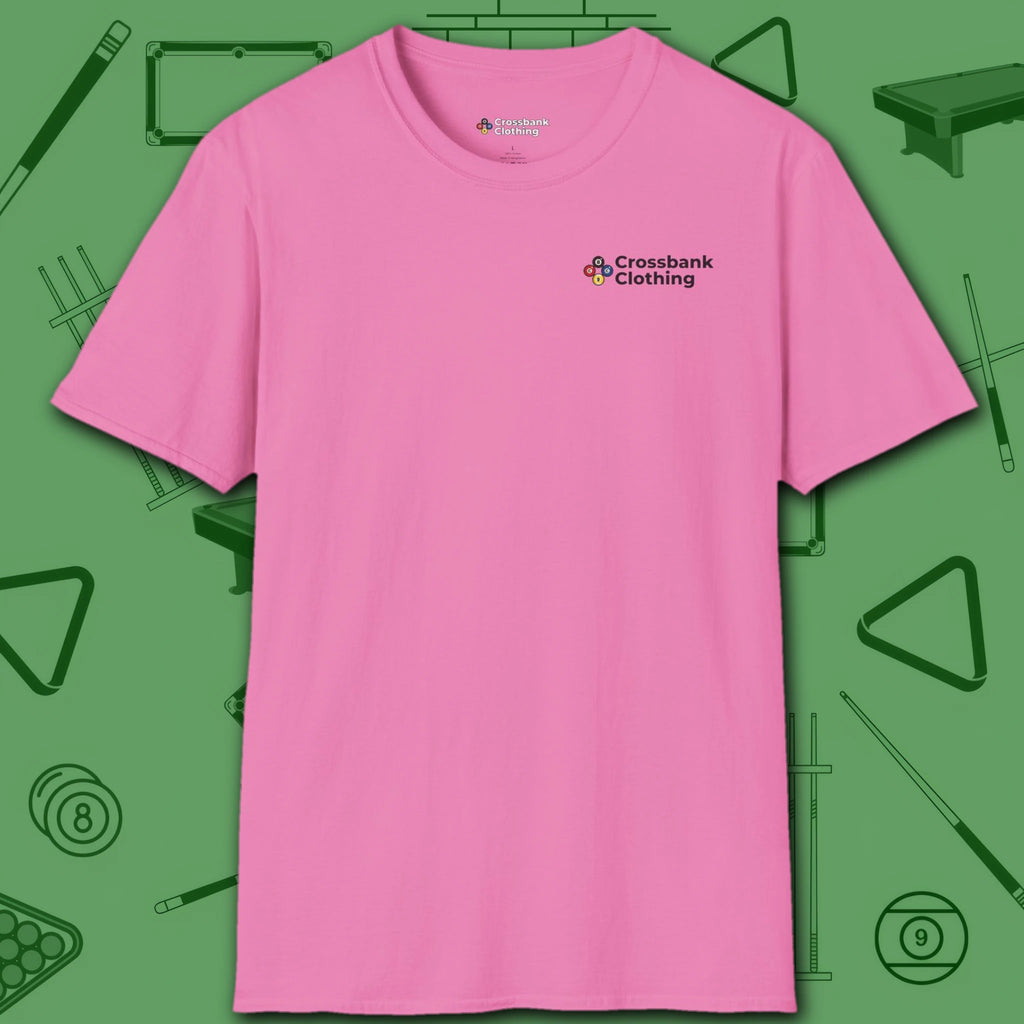 Hellfire Eight Ball T-Shirt, in Azalea color, billiards shirt, front view