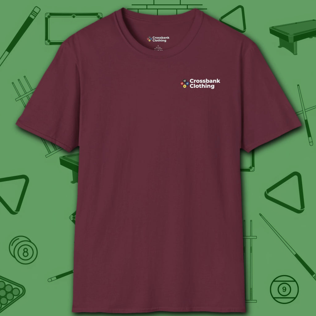 Hellfire Eight Ball T-Shirt, in Maroon color, billiards shirt, front view