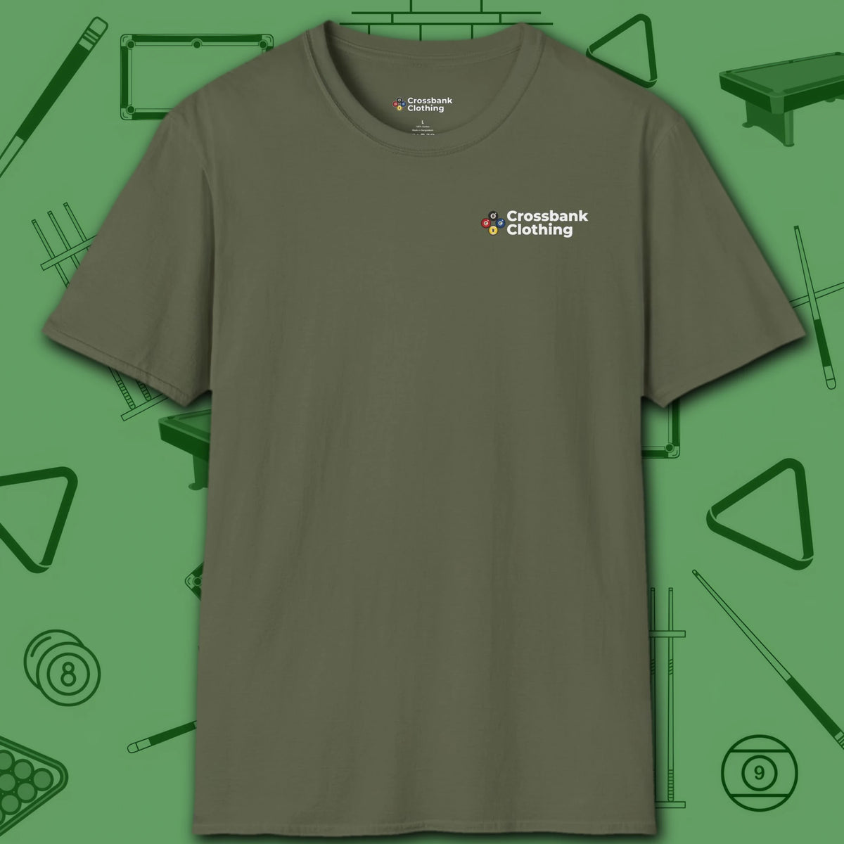 Hellfire Eight Ball T-Shirt, in Military Green color, billiards shirt, front view