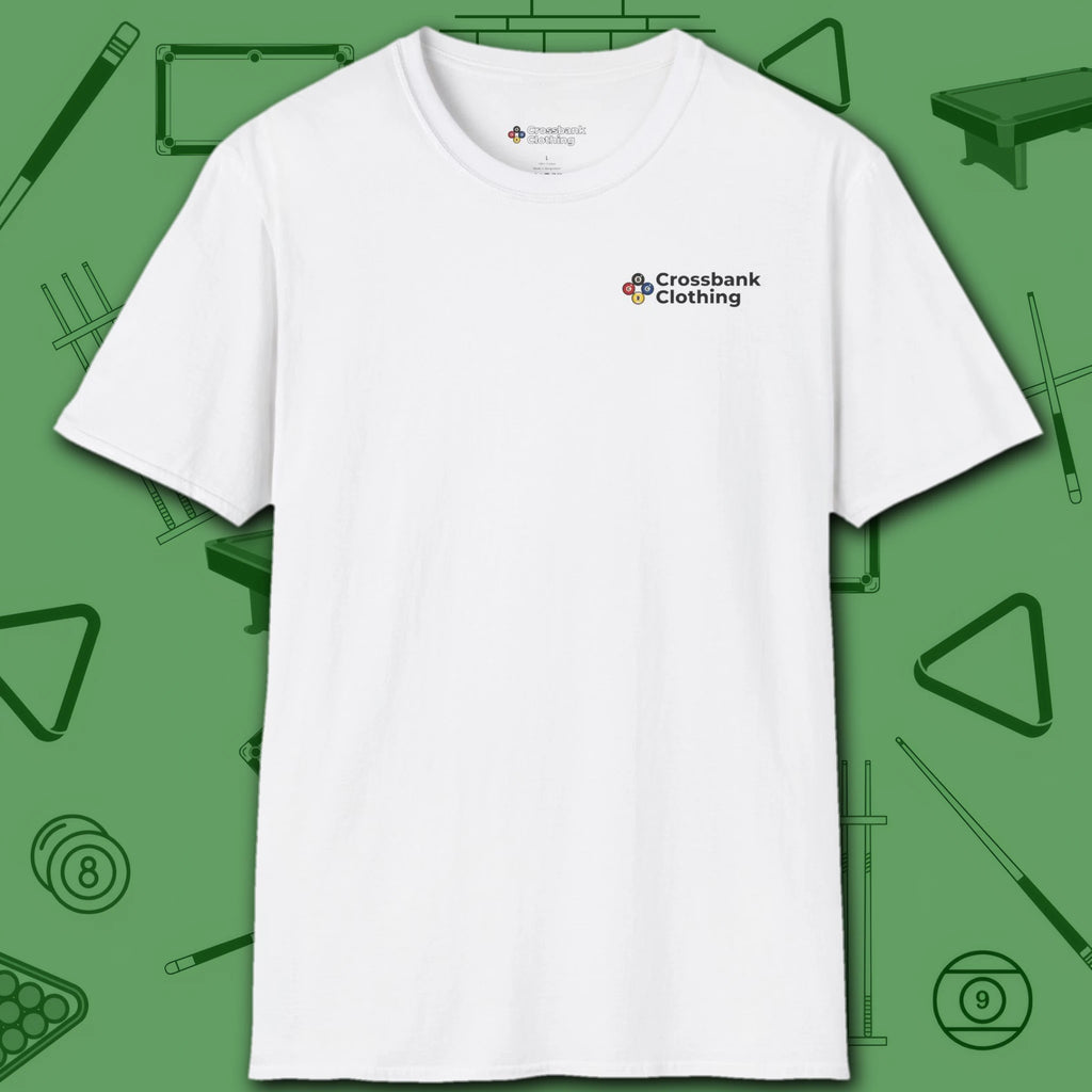 Hellfire Eight Ball T-Shirt, in White color, billiards shirt, front view