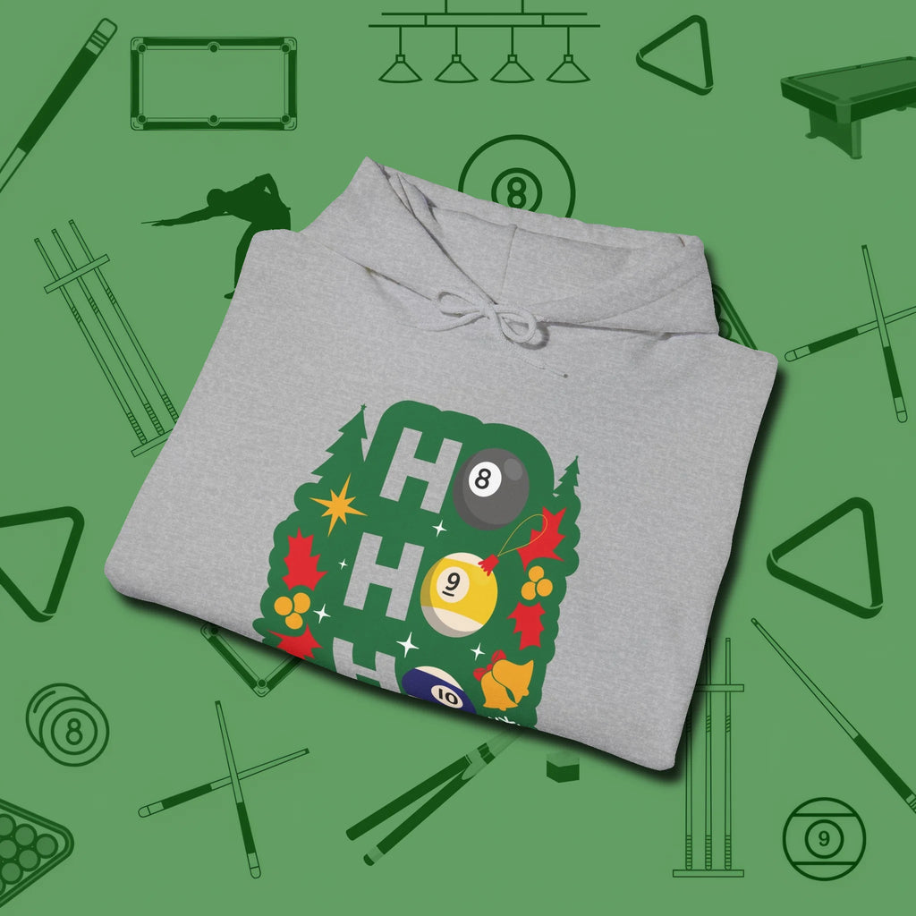 Ho Ho Ho Billiards Hoodie, folded view, in Sport Grey cue sports swagger done right
