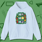 Ho Ho Ho Billiards Hoodie, front view, in Light Blue the shirt that plays position