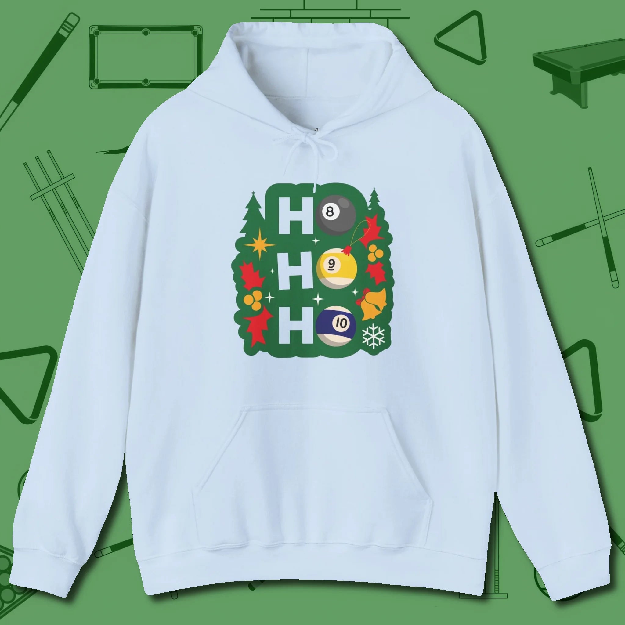 Ho Ho Ho Billiards Hoodie, front view, in Light Blue the shirt that plays position