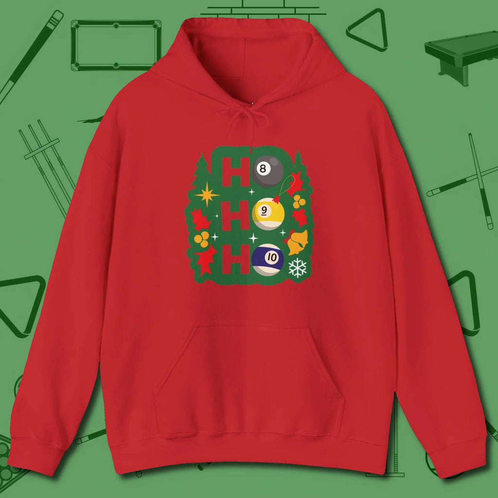 Ho Ho Ho Billiards Hoodie, front view, in Red because pool isn’t just a game — it’s who you are