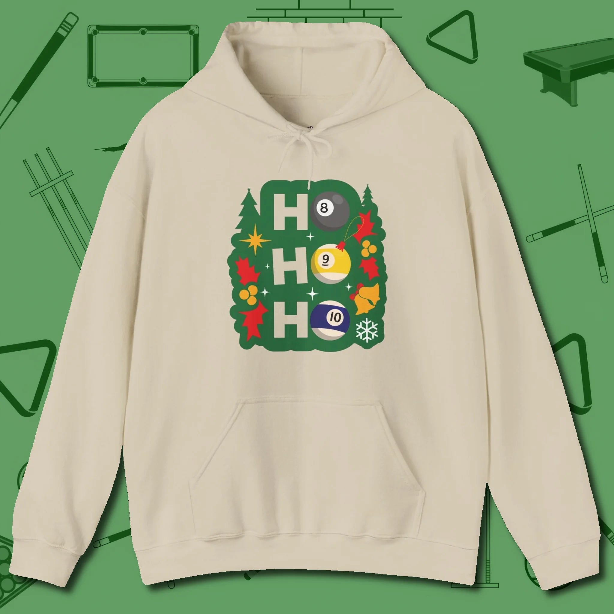 Ho Ho Ho Billiards Hoodie, front view, in Sand tough like your favorite break cue