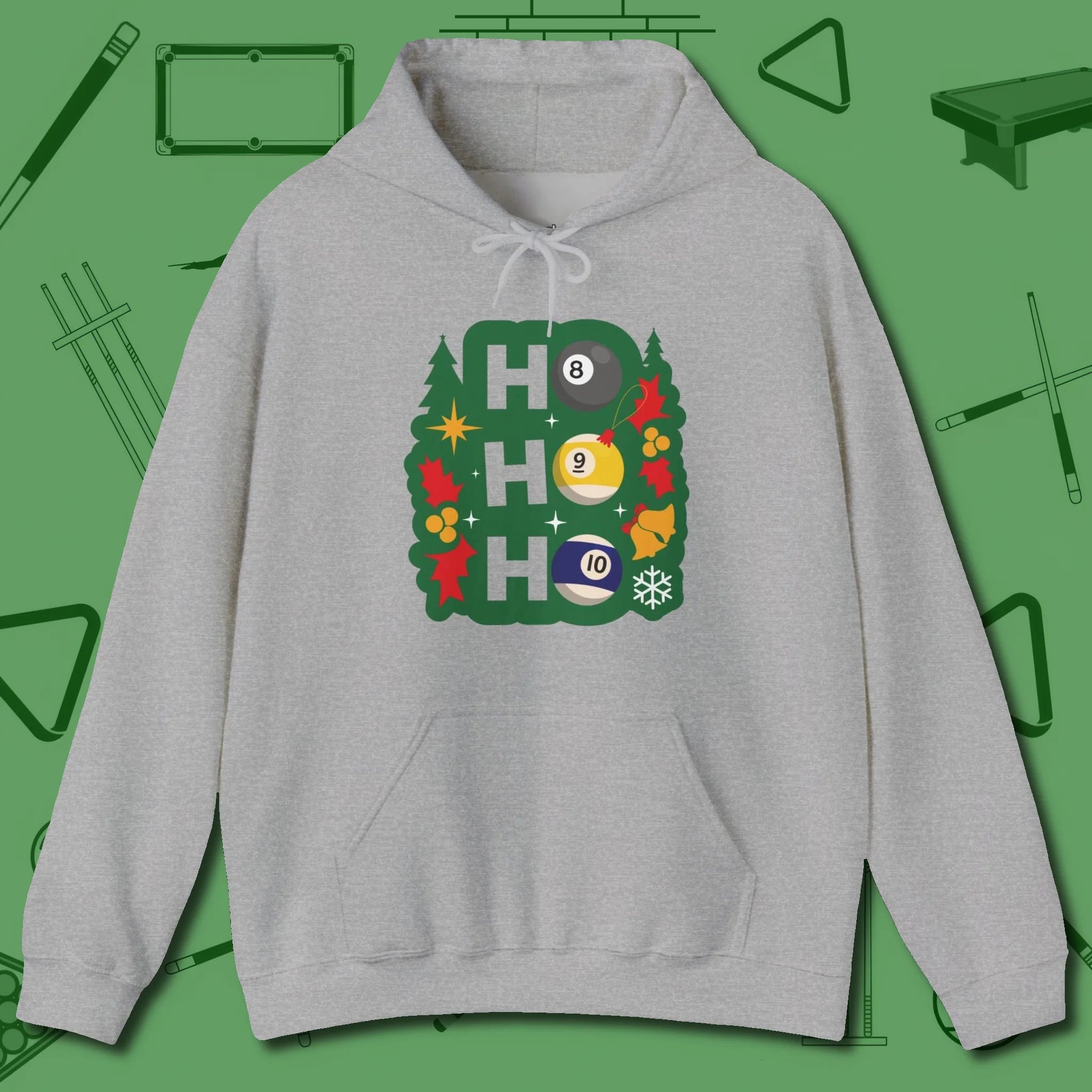 Ho Ho Ho Billiards Hoodie, front view, in Sport Grey where cue control meets personal style