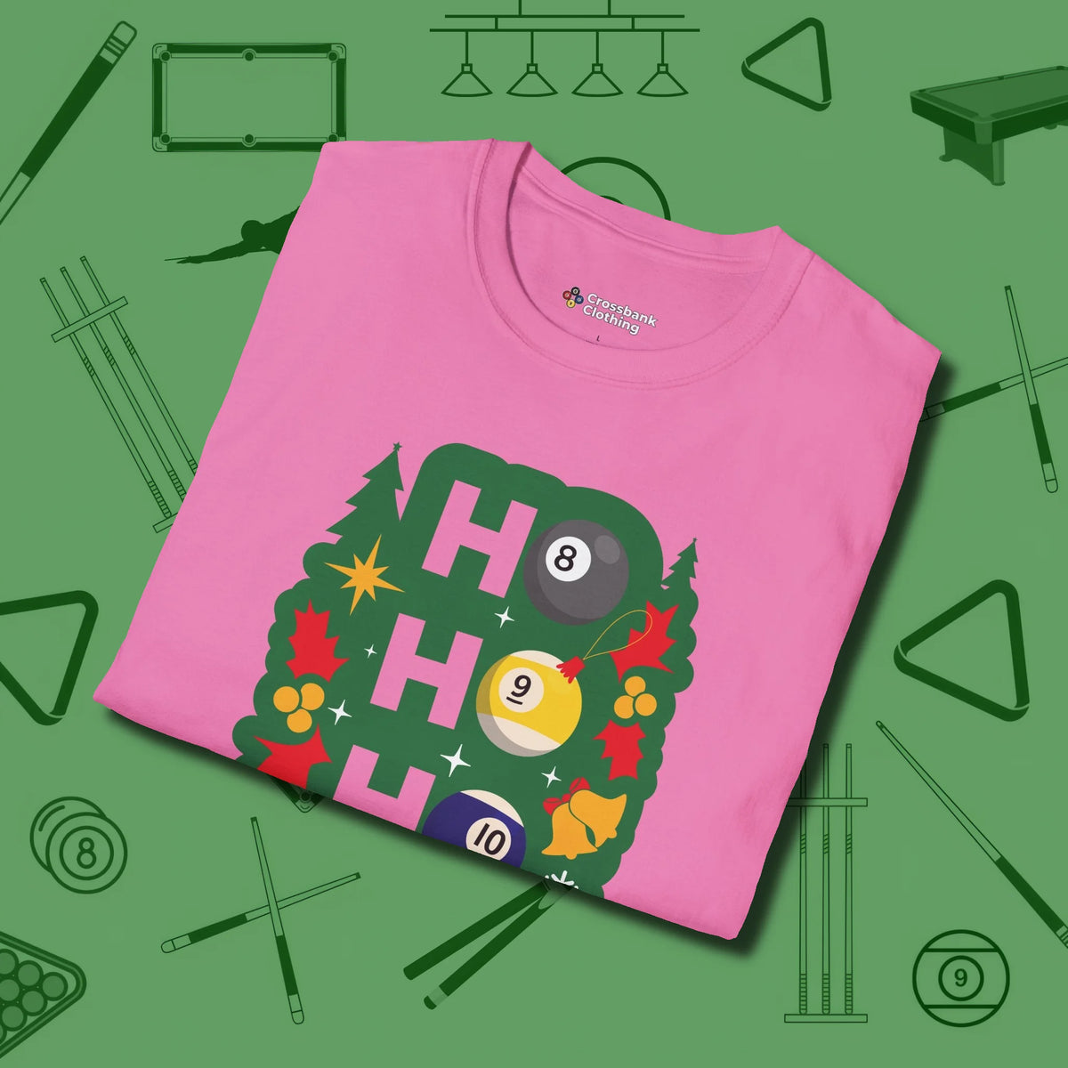 Ho Ho Ho Billiards T-Shirt, folded view, in Azalea poolroom style with tournament attitude