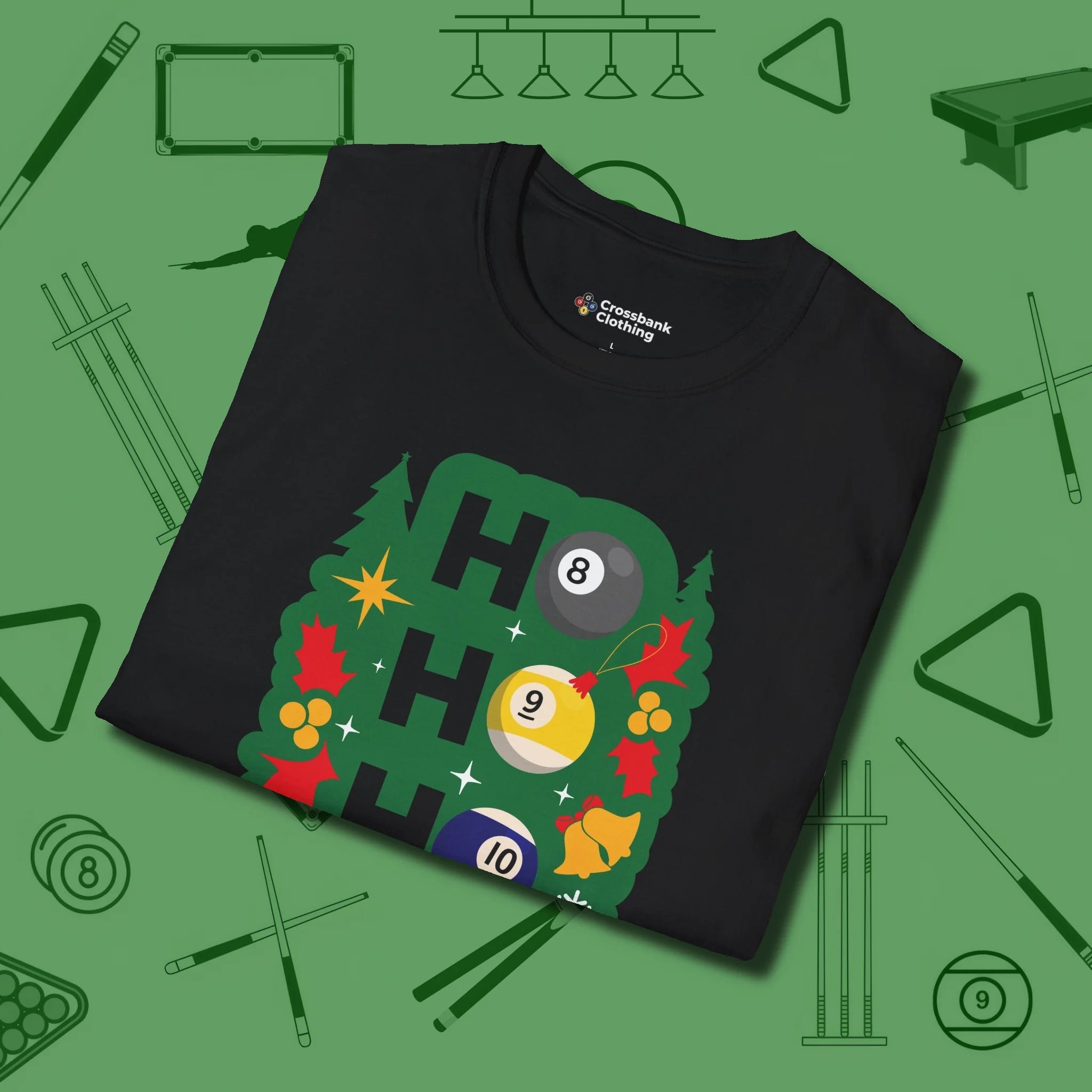 Ho Ho Ho Billiards T-Shirt, folded view, in Black like your stroke — smooth and deliberate