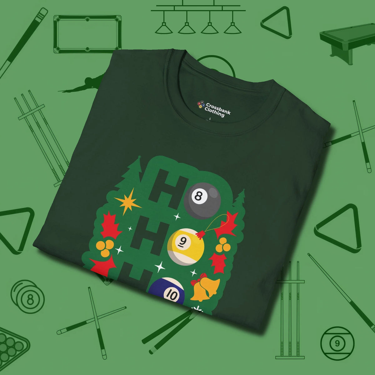 Ho Ho Ho Billiards T-Shirt, folded view, in Forest Green clean lines for dirty minds