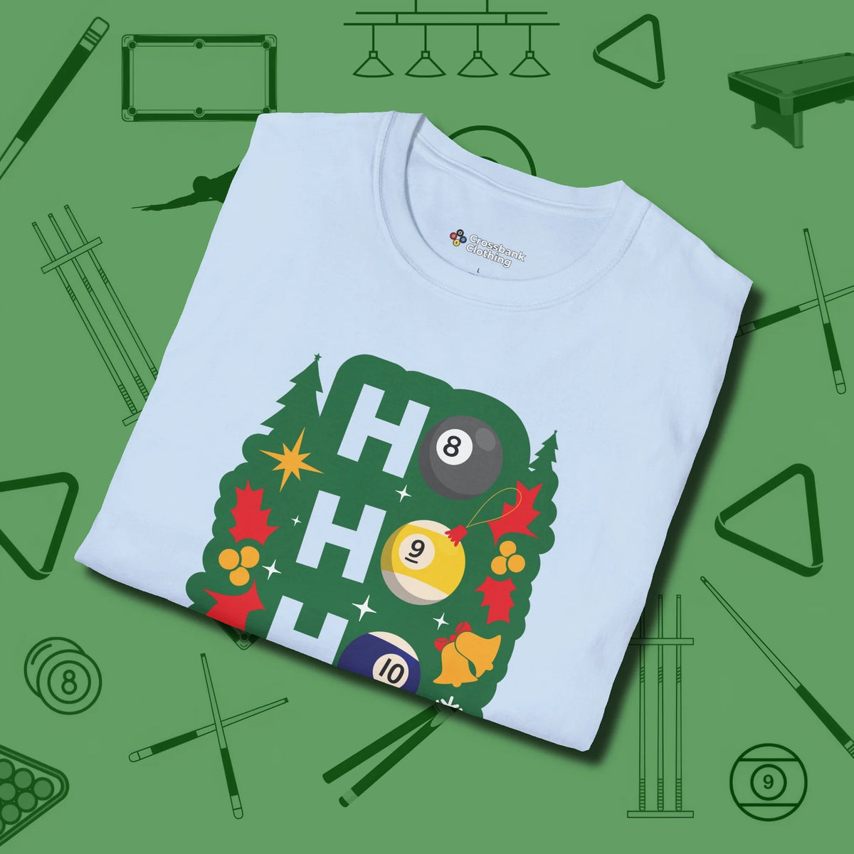 Ho Ho Ho Billiards T-Shirt, folded view, in Light Blue because pool isn’t just a game — it’s who you are