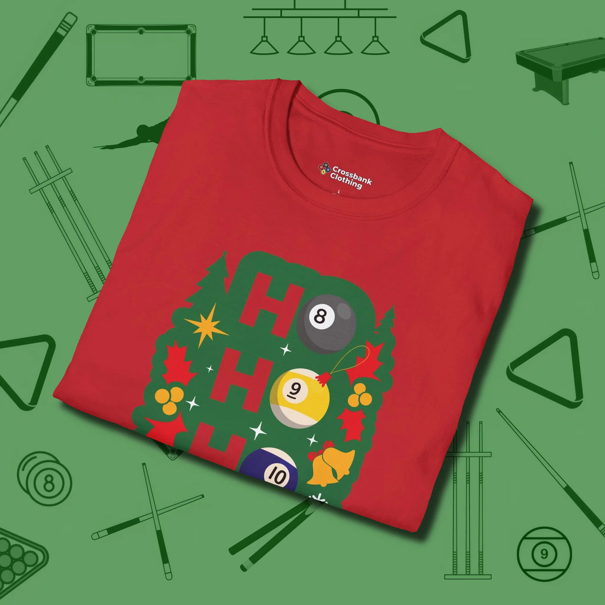 Ho Ho Ho Billiards T-Shirt, folded view, in Red for shooters who dress like they play: sharp