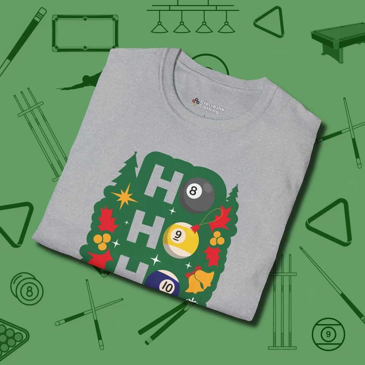 Ho Ho Ho Billiards T-Shirt, folded view, in Sport Grey strike fear with swagger and precision
