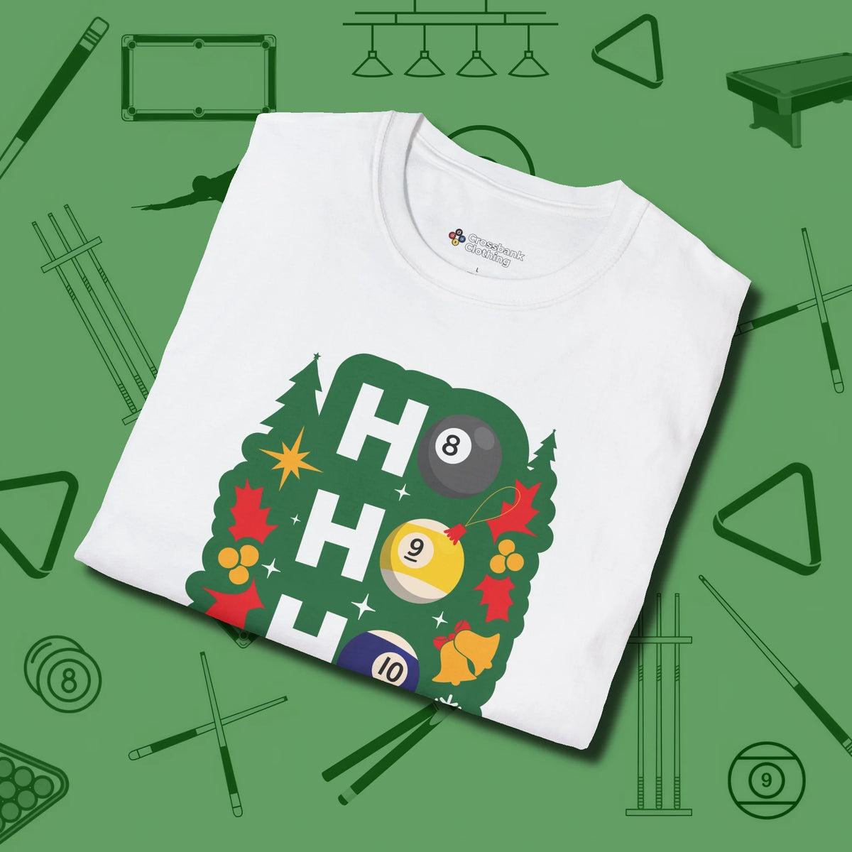 Ho Ho Ho Billiards T-Shirt, folded view, in White a clean fit for the dirtiest safeties