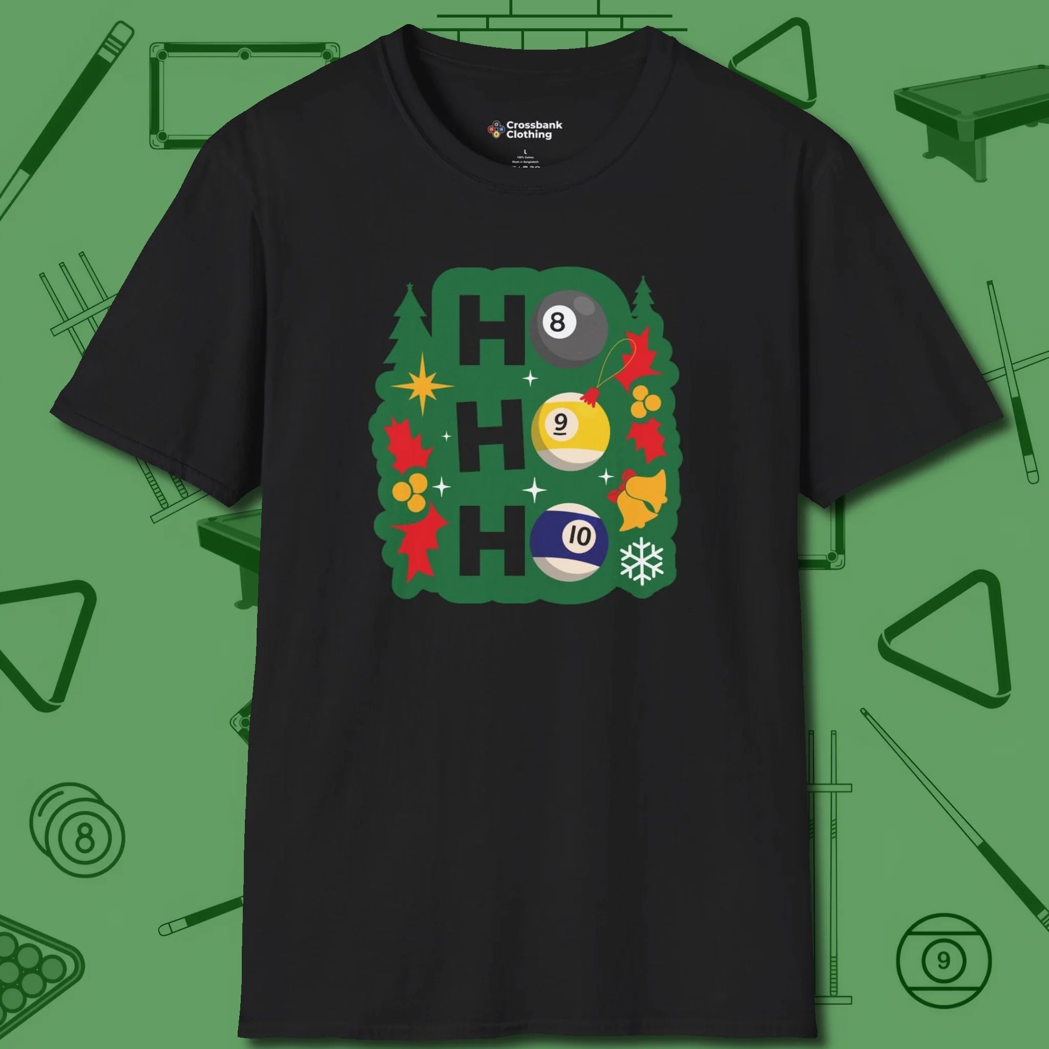 Ho Ho Ho Billiards T-Shirt, front view, in Black put your best game on display