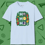 Ho Ho Ho Billiards T-Shirt, front view, in Light Blue helps your stroke and your style