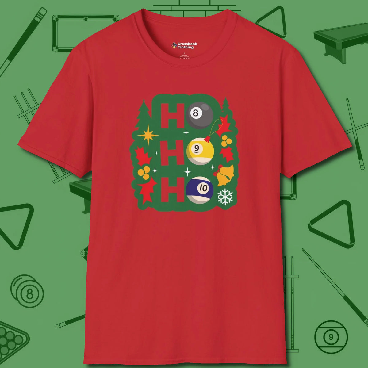 Ho Ho Ho Billiards T-Shirt, front view, in Red the official uniform of the after-hours crew