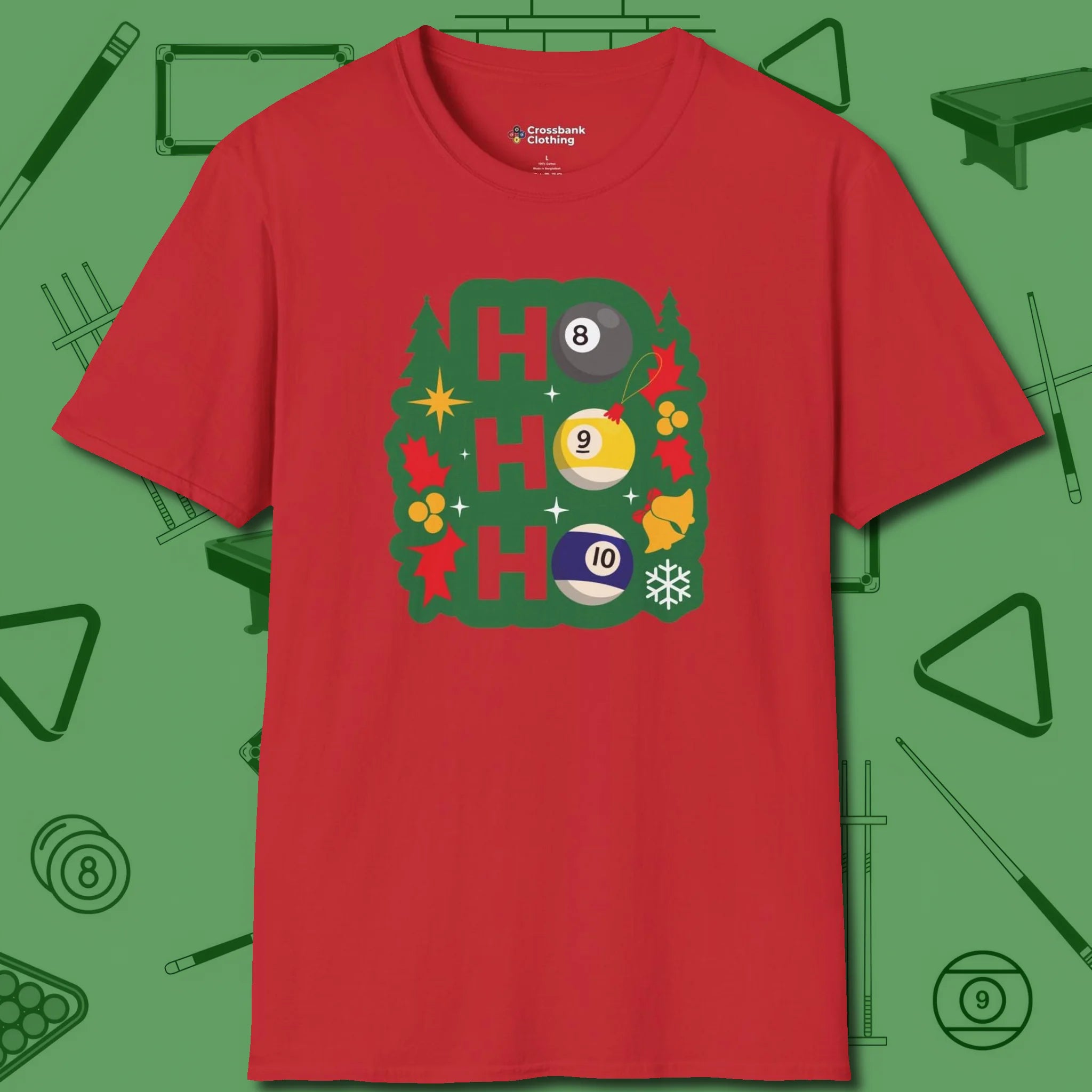 Ho Ho Ho Billiards T-Shirt, front view, in Red the official uniform of the after-hours crew