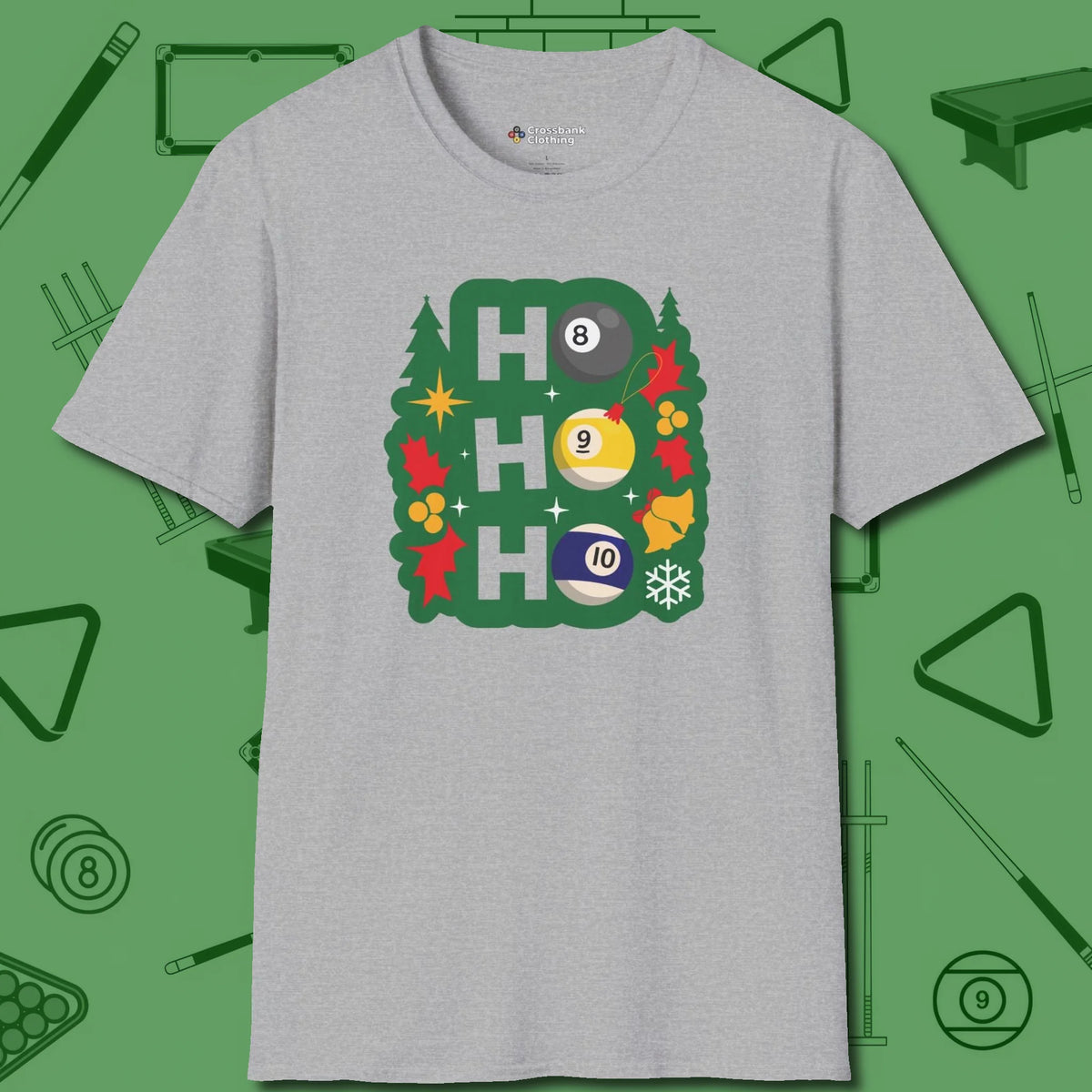 Ho Ho Ho Billiards T-Shirt, front view, in Sport Grey look good while calling your pocket
