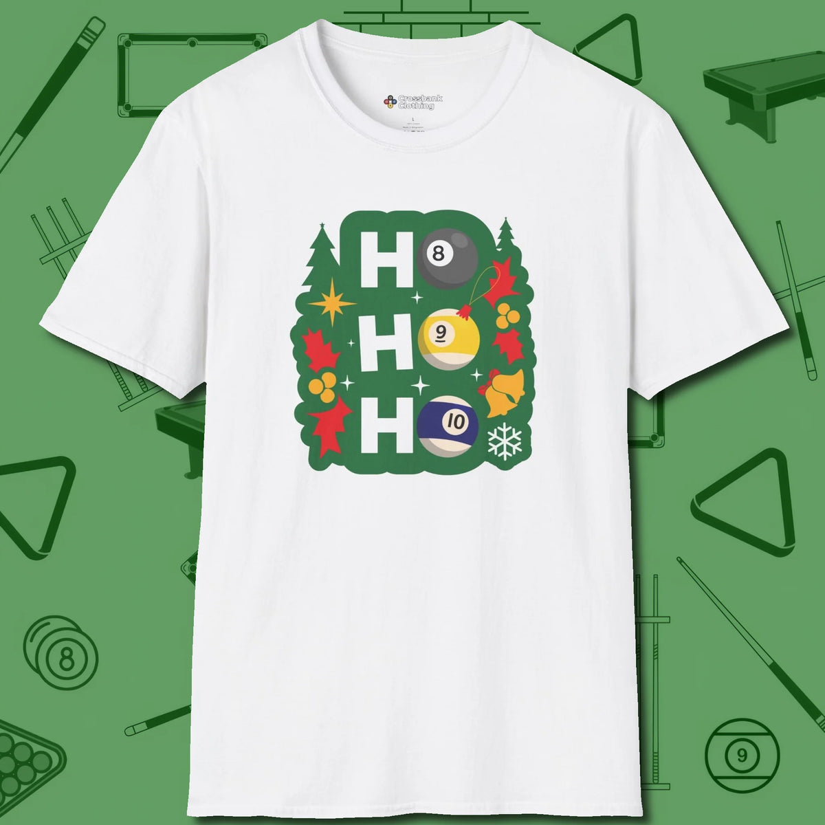 Ho Ho Ho Billiards T-Shirt, front view, in White where style and cue discipline collide